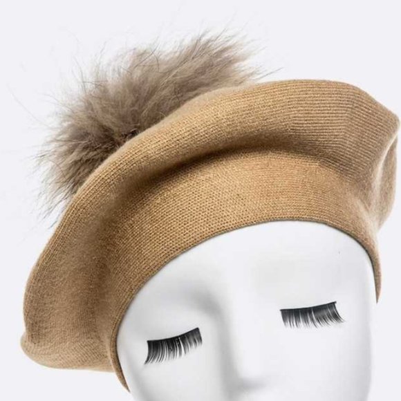 Genuine Fur Pom Cashmere Beret - Beige